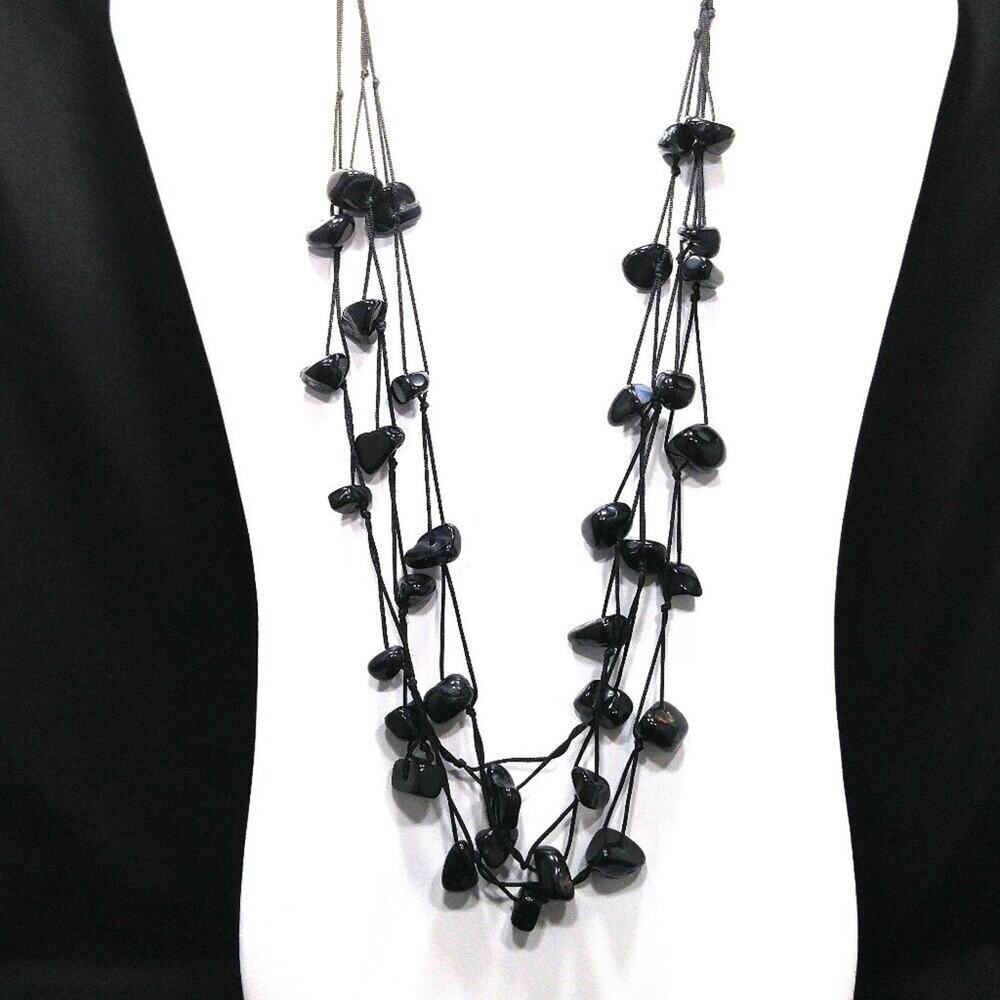 Vintage Black Gemstone Three Cord Necklace, Black Quartz, 23 Inches